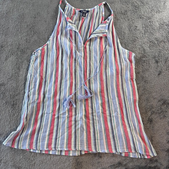 Chaps Tops - Chaps Denim Womens Large Striped Sleeveless Tank Top Tassel‎ Tie Blue Red Gauze